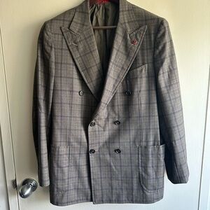 Isaia Plaid Fully Canvassed Double-Breasted Blazer in Gray MODERN GRAIL